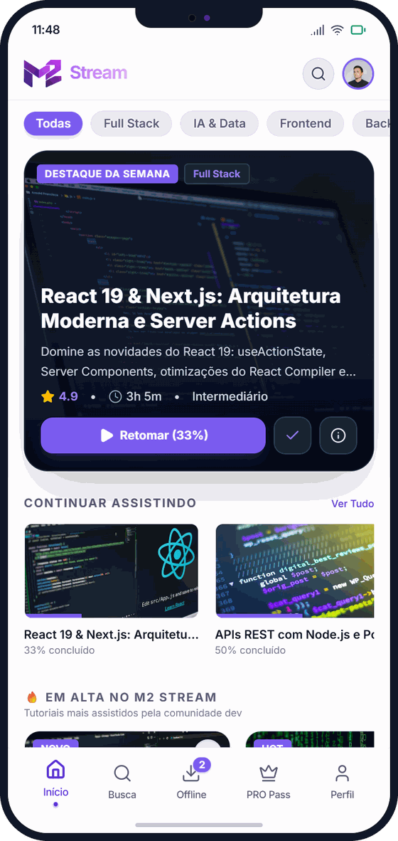 Tela inicial do app M2 Stream: conteúdo em destaque, continuar assistindo e conteúdos em alta