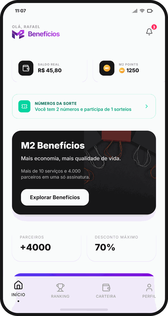 Tela inicial do app M2 Benefícios: saldo em reais, M2 Points, números da sorte e destaque do clube